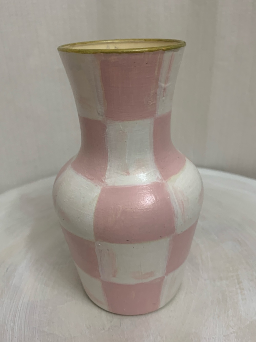 Ceramic Bud Vase Hand Painted Pink and White Rosy Check Design